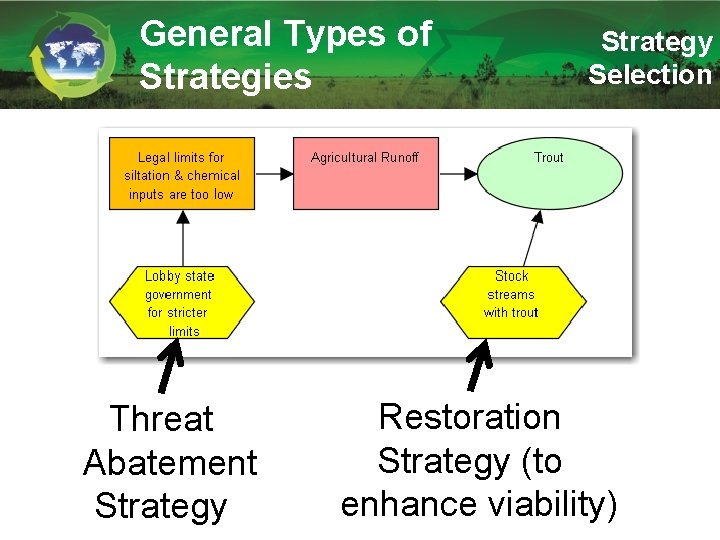 General Types of Strategies Threat Abatement Strategy Selection Restoration Strategy (to enhance viability) 