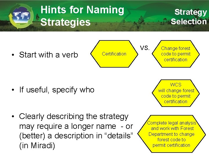 Hints for Naming Strategies • Start with a verb Strategy Selection VS. Certification •