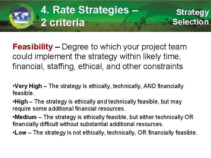 4. Rate Strategies – 2 criteria Strategy Selection Feasibility – Degree to which your