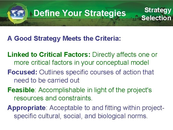 Define Your Strategies Strategy Selection A Good Strategy Meets the Criteria: Linked to Critical