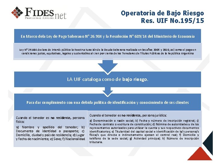 Operatoria de Bajo Riesgo Res. UIF No. 195/15 En Marco dela Ley de Pago