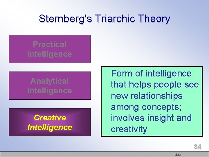 Sternberg’s Triarchic Theory Practical Intelligence Analytical Intelligence Creative Intelligence Form of intelligence that helps