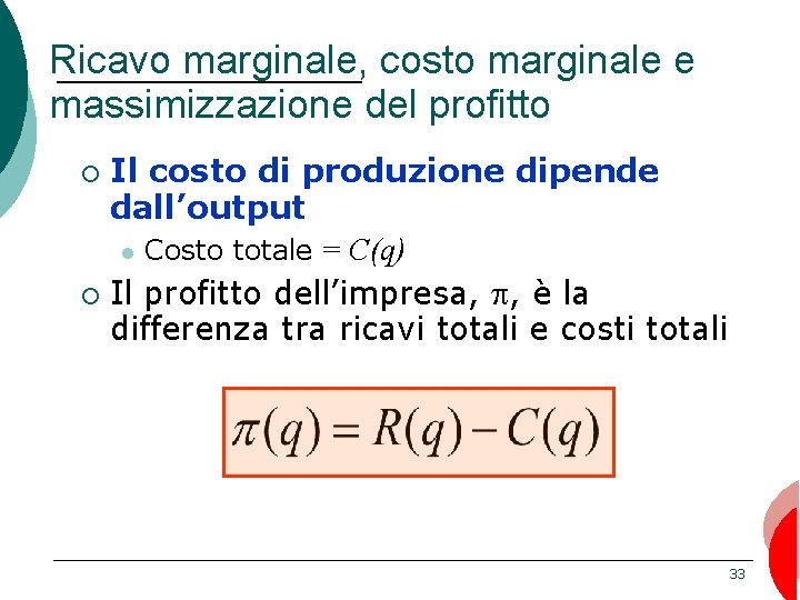 Ricavo marginale, costo marginale e massimizzazione del profitto Il costo di produzione dipende dall’output