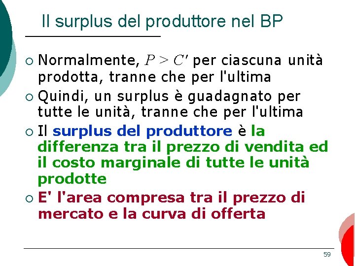 Il surplus del produttore nel BP Normalmente, P > C' per ciascuna unità prodotta,