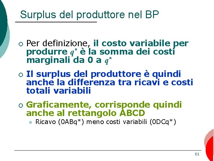 Surplus del produttore nel BP ¡ ¡ ¡ Per definizione, il costo variabile per