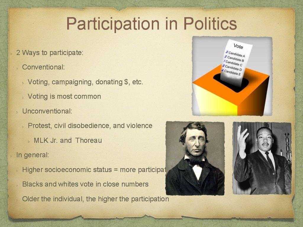 Participation in Politics 2 Ways to participate: Conventional: Voting, campaigning, donating $, etc. Voting