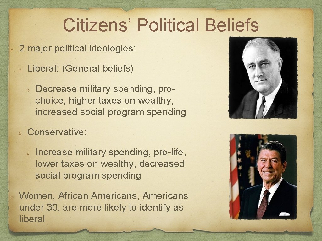 Citizens’ Political Beliefs 2 major political ideologies: Liberal: (General beliefs) Decrease military spending, prochoice,