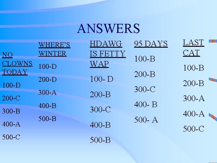 ANSWERS WHERE’S WINTER NO CLOWNS 100 -D TODAY 200 -D 100 -D 300 -A