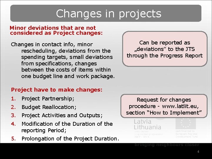 Changes in projects Minor deviations that are not considered as Project changes: Changes in