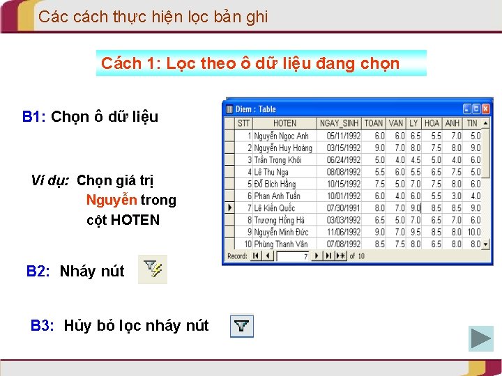 Các cách thực hiện lọc bản ghi Cách 1: Lọc theo ô dữ liệu