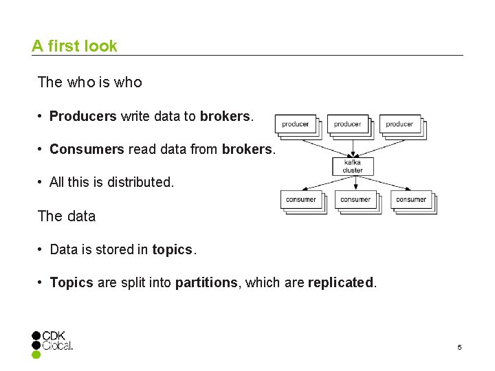A first look The who is who • Producers write data to brokers. •