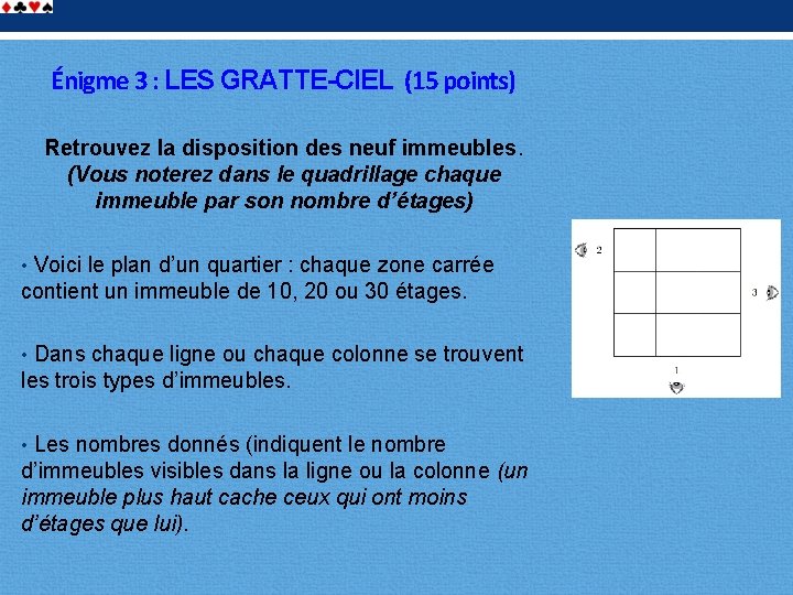 Énigme 3 : LES GRATTE-CIEL (15 points) Retrouvez la disposition des neuf immeubles. (Vous