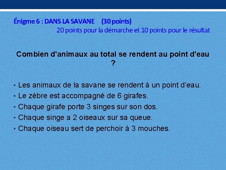 Énigme 6 : DANS LA SAVANE (30 points) 20 points pour la démarche et