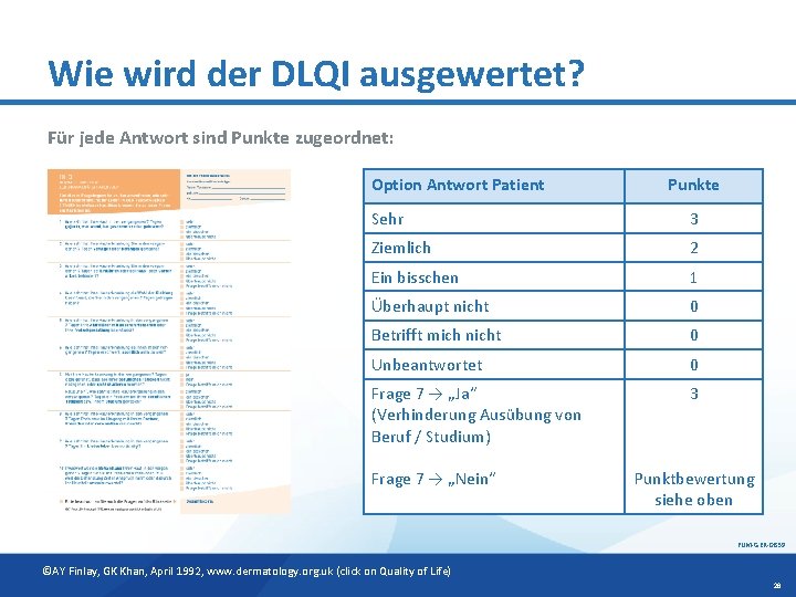 Wie wird der DLQI ausgewertet? Für jede Antwort sind Punkte zugeordnet: Option Antwort Patient