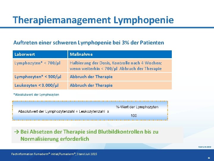 Therapiemanagement Lymphopenie Auftreten einer schweren Lymphopenie bei 3% der Patienten Laborwert Maßnahme Lymphozyten* <