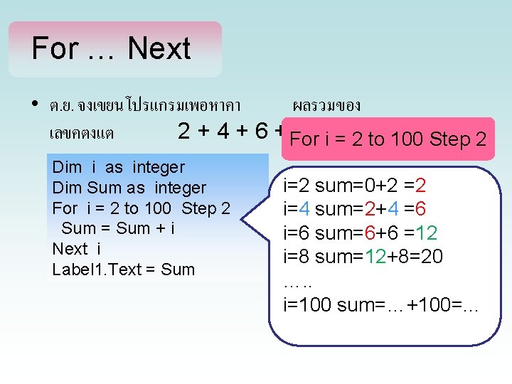 For … Next • ต. ย. จงเขยนโปรแกรมเพอหาคา ผลรวมของ เลขคตงแต 2 + 4 + 6