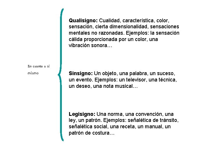 Qualisigno: Cualidad, característica, color, sensación, cierta dimensionalidad, sensaciones mentales no razonadas. Ejemplos: la sensación Qualisigno: Cualidad, característica, color, sensación, cierta dimensionalidad, sensaciones mentales no razonadas. Ejemplos: la sensación