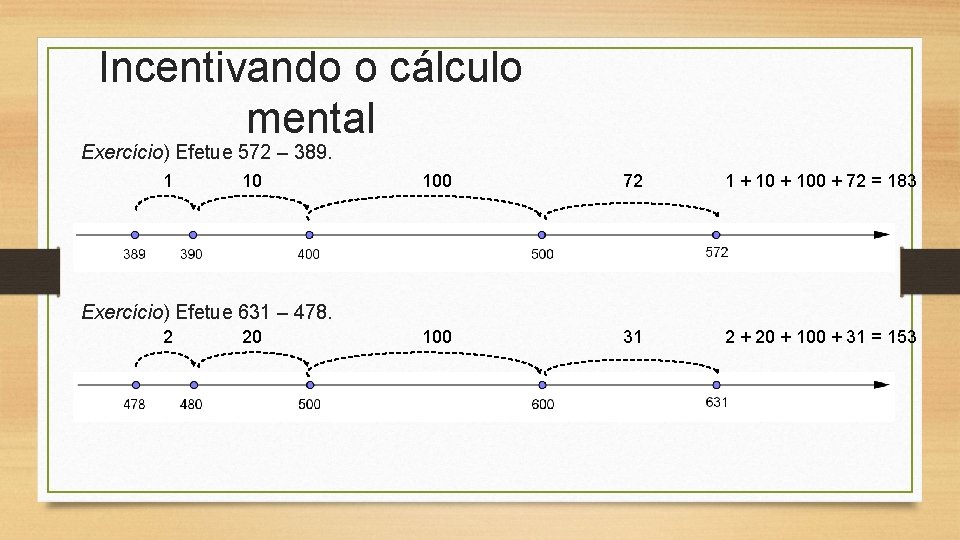 Incentivando o cálculo mental Exercício) Efetue 572 – 389. 1 10 100 72 1