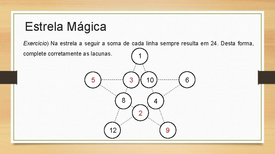 Estrela Mágica Exercício) Na estrela a seguir a soma de cada linha sempre resulta