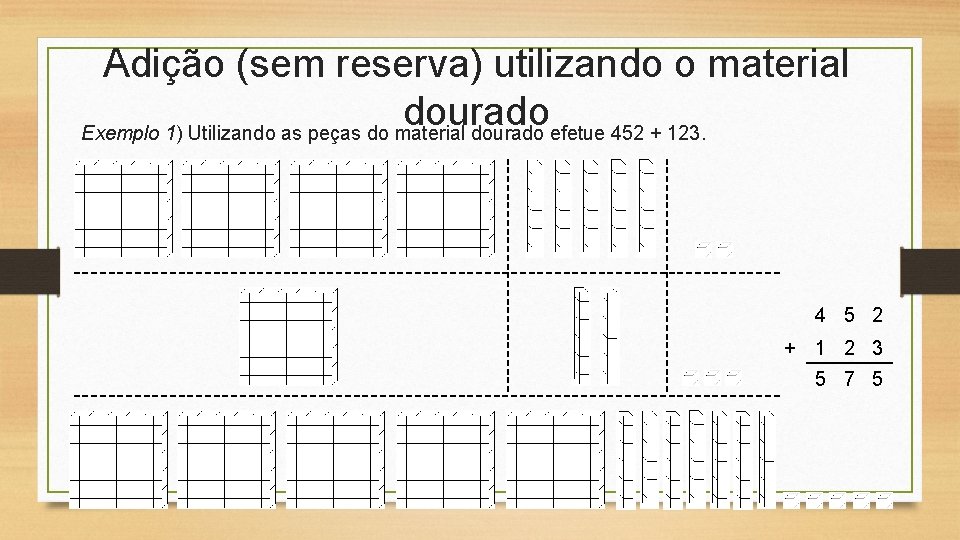 Adição (sem reserva) utilizando o material dourado Exemplo 1) Utilizando as peças do material