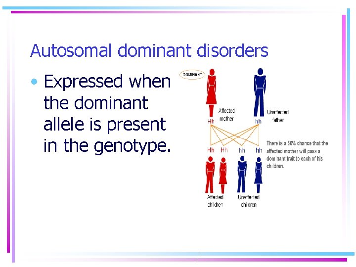 Autosomal dominant disorders • Expressed when the dominant allele is present in the genotype.