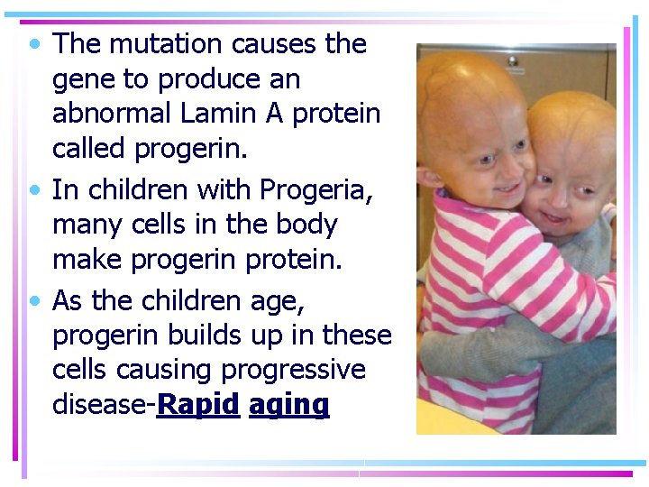  • The mutation causes the gene to produce an abnormal Lamin A protein