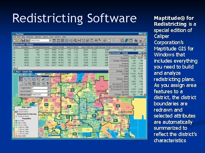 Redistricting Software Maptitude® for Redistricting is a special edition of Caliper Corporation’s Maptitude GIS