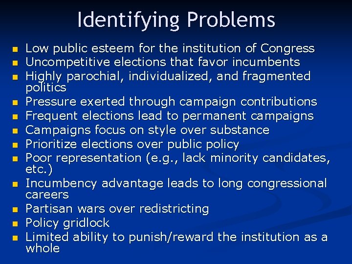 Identifying Problems n n n Low public esteem for the institution of Congress Uncompetitive