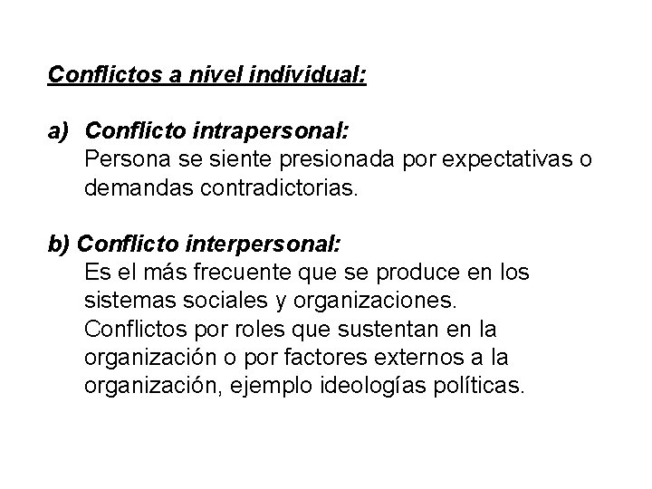 Conflictos a nivel individual: a) Conflicto intrapersonal: Persona se siente presionada por expectativas o