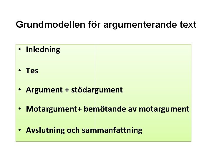 Grundmodellen för argumenterande text • Inledning • Tes • Argument + stödargument • Motargument+