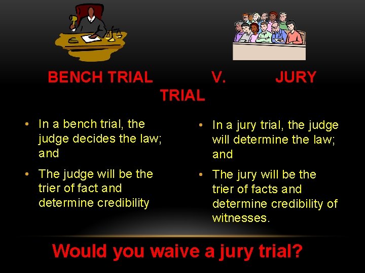 BENCH TRIAL V. JURY TRIAL • In a bench trial, the judge decides the
