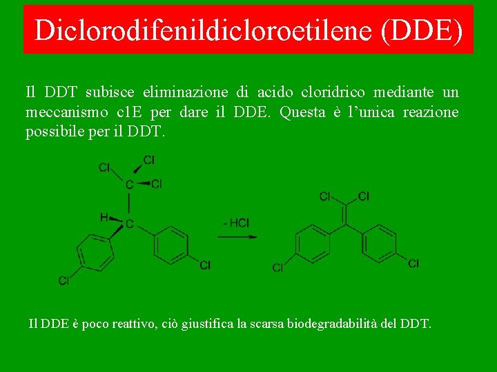 Diclorodifenildicloroetilene (DDE) Il DDT subisce eliminazione di acido cloridrico mediante un meccanismo c 1