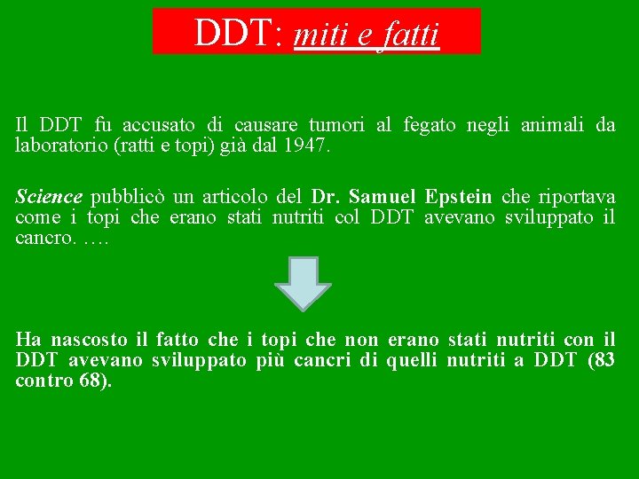 DDT: miti e fatti Il DDT fu accusato di causare tumori al fegato negli