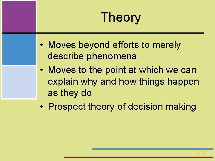 Theory • Moves beyond efforts to merely describe phenomena • Moves to the point