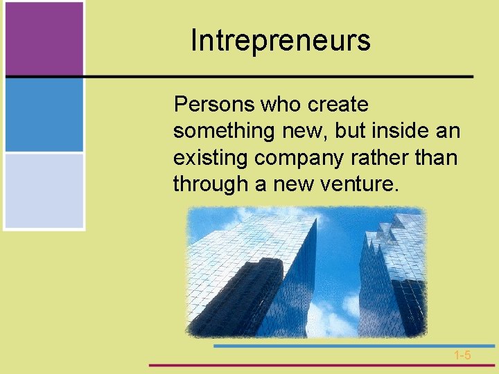 Intrepreneurs Persons who create something new, but inside an existing company rather than through