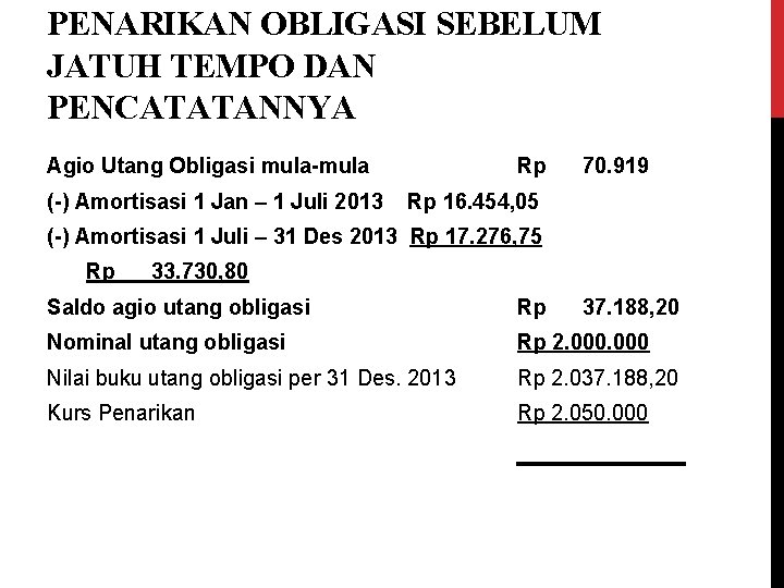 PENARIKAN OBLIGASI SEBELUM JATUH TEMPO DAN PENCATATANNYA Agio Utang Obligasi mula-mula (-) Amortisasi 1