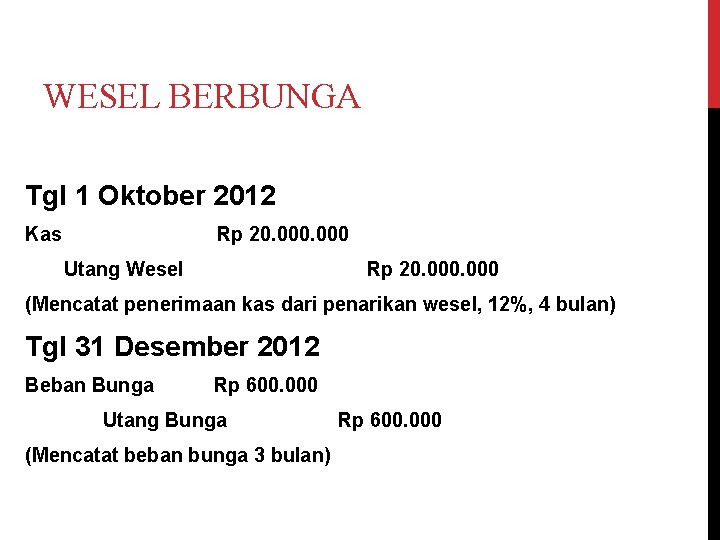 WESEL BERBUNGA Tgl 1 Oktober 2012 Kas Rp 20. 000 Utang Wesel Rp 20.