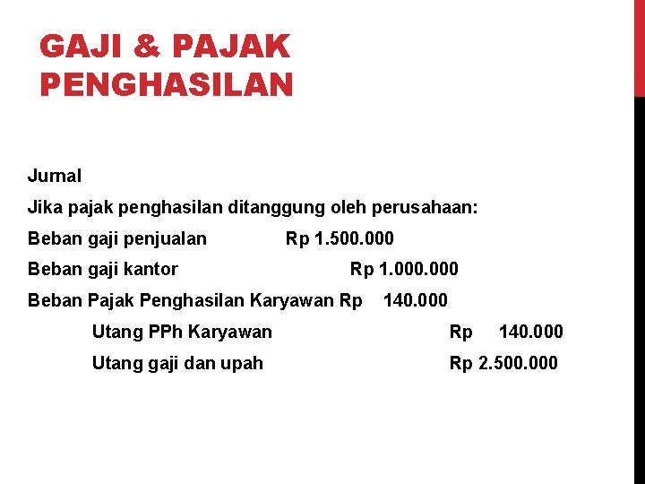 GAJI & PAJAK PENGHASILAN Jurnal Jika pajak penghasilan ditanggung oleh perusahaan: Beban gaji penjualan