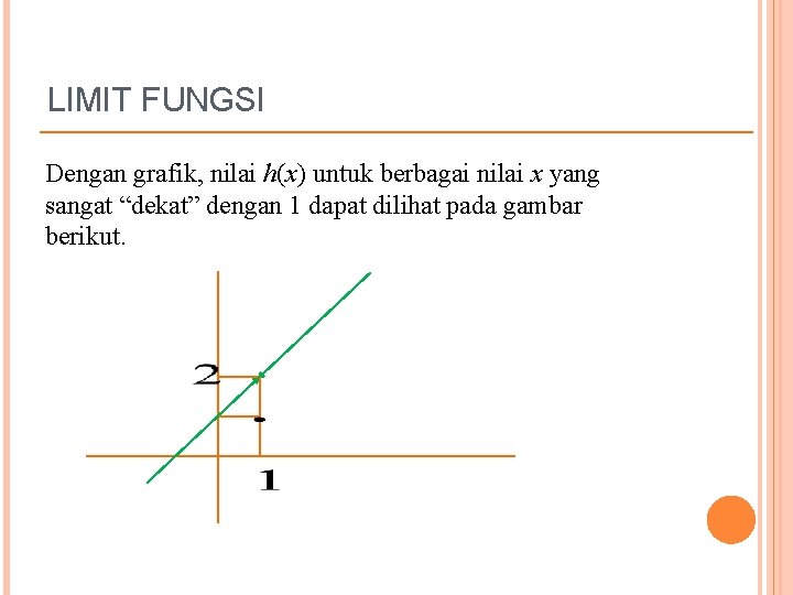 LIMIT FUNGSI Dengan grafik, nilai h(x) untuk berbagai nilai x yang sangat “dekat” dengan