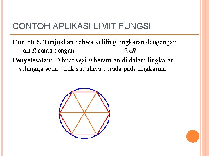 CONTOH APLIKASI LIMIT FUNGSI Contoh 6. Tunjukkan bahwa kelilingkaran dengan jari -jari R sama