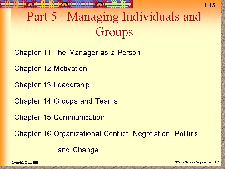 1 -13 Part 5 : Managing Individuals and Groups Chapter 11 The Manager as