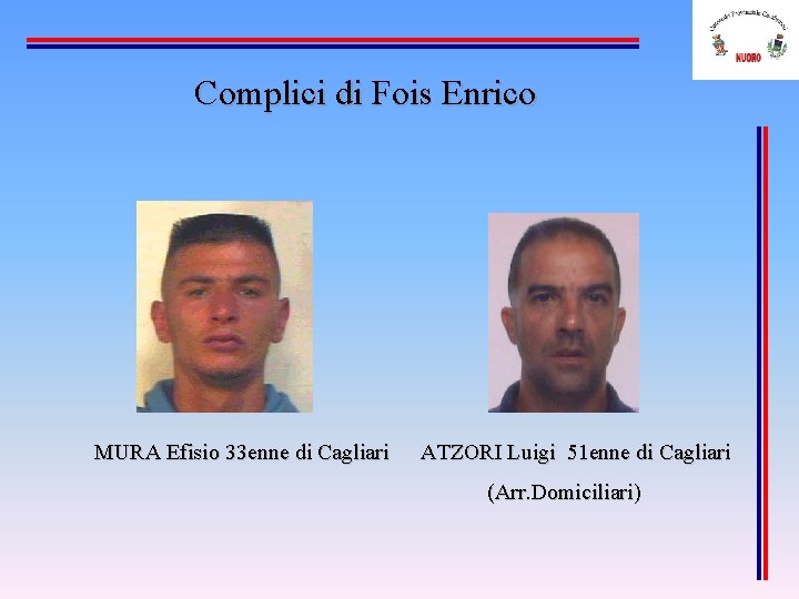 Complici di Fois Enrico MURA Efisio 33 enne di Cagliari ATZORI Luigi 51 enne