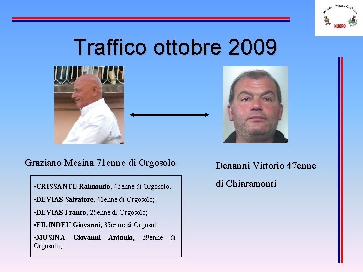 Traffico ottobre 2009 Graziano Mesina 71 enne di Orgosolo • CRISSANTU Raimondo, 43 enne