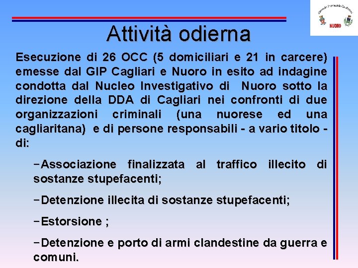 Attività odierna Esecuzione di 26 OCC (5 domiciliari e 21 in carcere) emesse dal