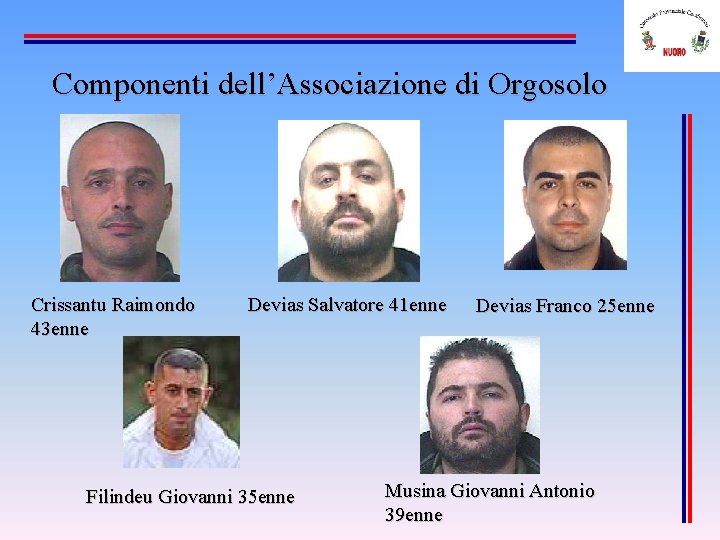 Componenti dell’Associazione di Orgosolo Crissantu Raimondo 43 enne Devias Salvatore 41 enne Filindeu Giovanni