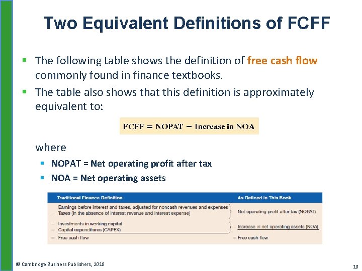 Two Equivalent Definitions of FCFF § The following table shows the definition of free