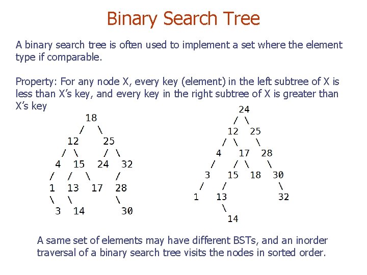 Binary Search Tree A binary search tree is often used to implement a set