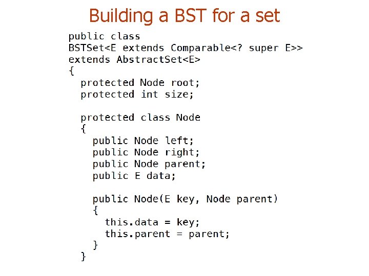 Building a BST for a set 