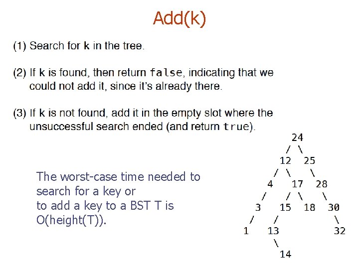 Add(k) The worst-case time needed to search for a key or to add a