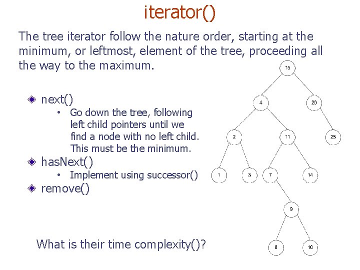 iterator() The tree iterator follow the nature order, starting at the minimum, or leftmost,